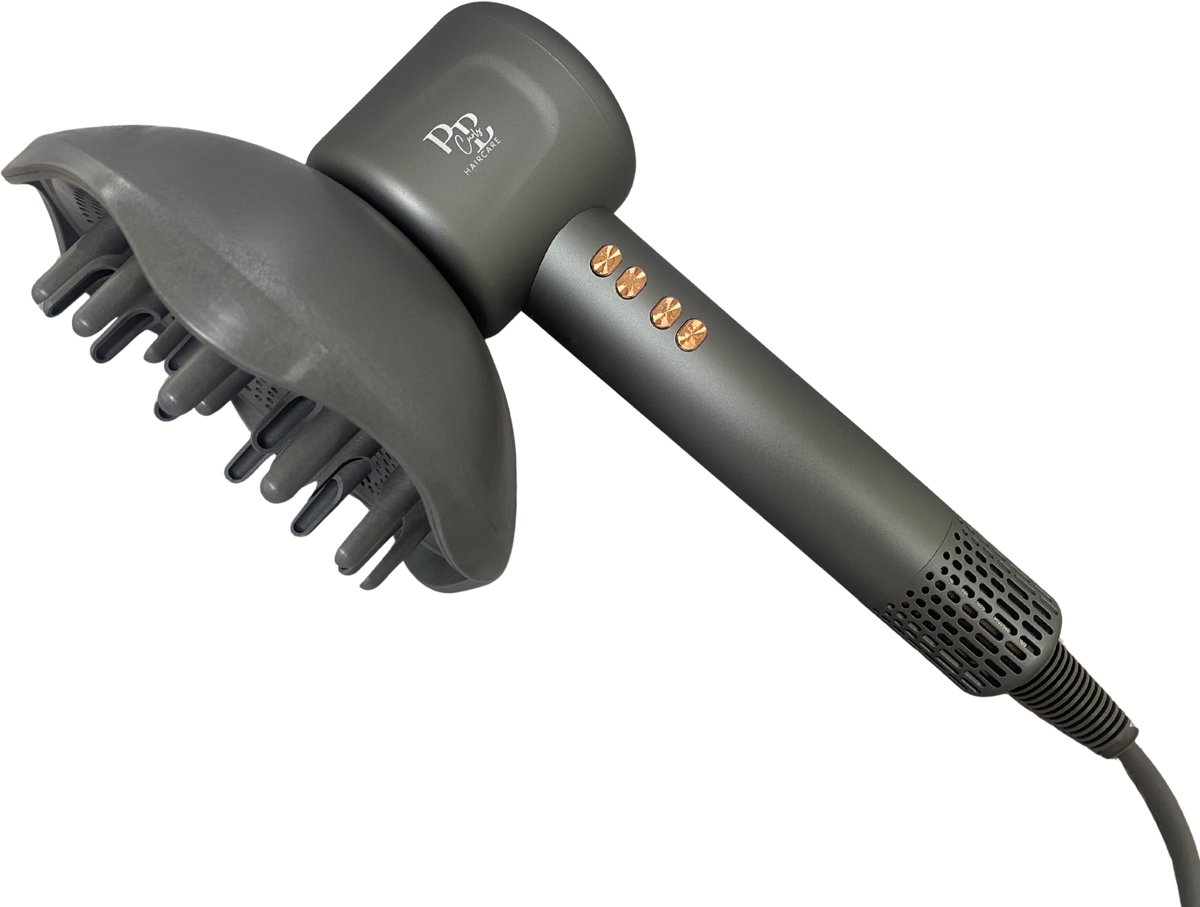 PB CURLS Hair Dryer grijs – Professionele Föhn voor Krullen – XXL Diffuser – Ionische Haardroger – Anti Pluis – 2000W – 3 Snelheden & 4 Warmtestanden – Salonkwaliteit