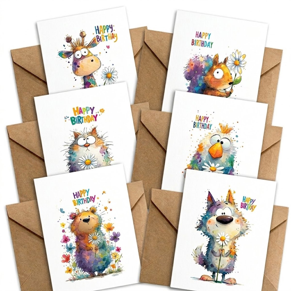 Kleurrijke felicitatie kaarten set dames en heren verjaardag kaarten met enveloppen aquarel dieren happy birthday wenskaarten set 12 delig inclusief 6 kaarten en 6 enveloppen