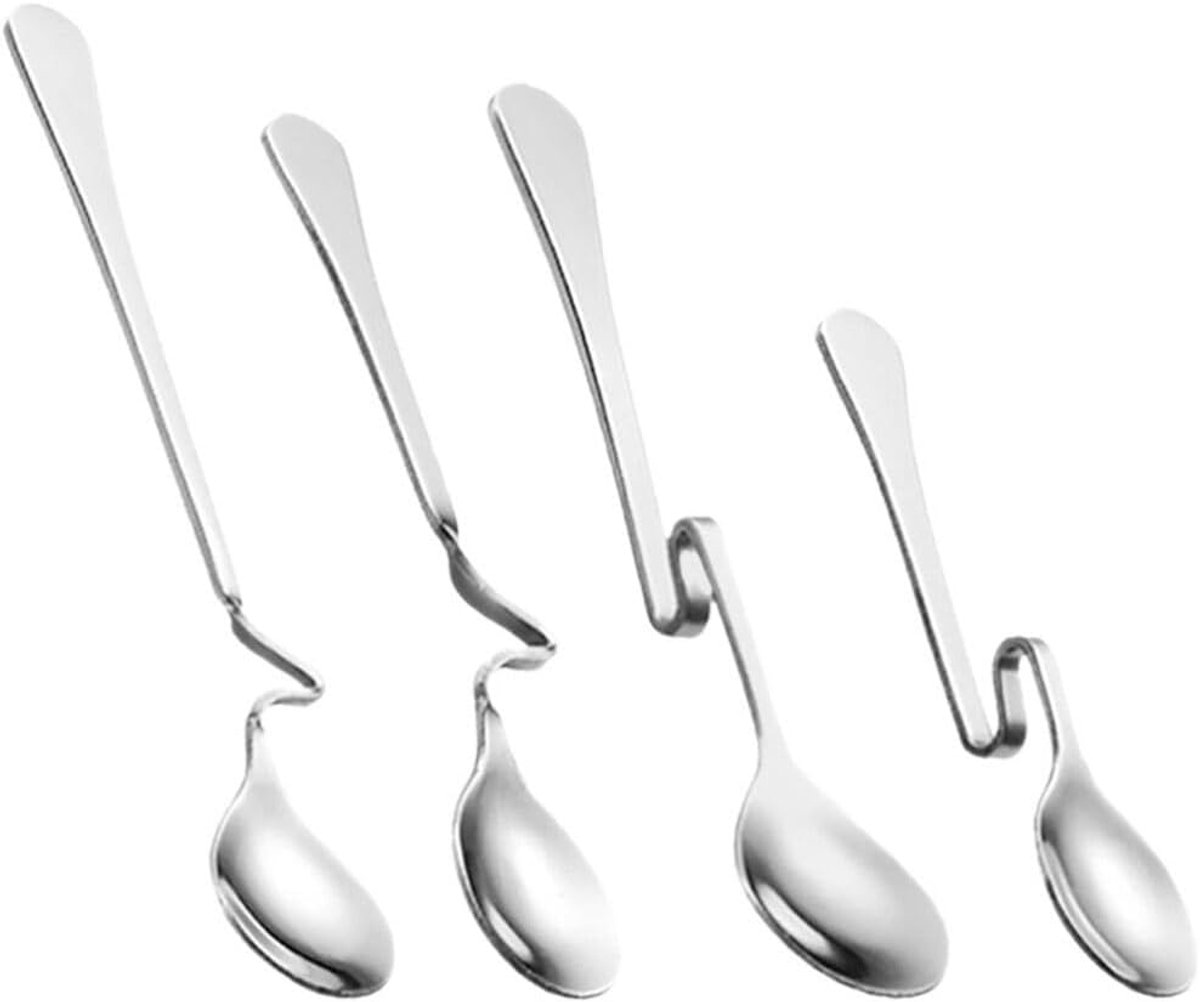 4 Stuks - Roestvrij Staal Serveerlepels - Gebogen Handgreep - Ophangbaar - 4 Maten - voor Koffie Thee Jam Honing en Desserts