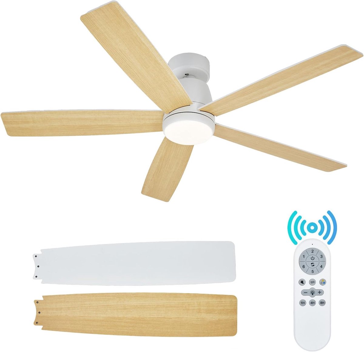 Moderne plafondventilator 52 inch met dimbare LED-verlichting – Stille omkeerbare DC-motor – 3 instelbare kleurtemperaturen – Met afstandsbediening – Energiezuinig – Laaghangende inbouwmontage – 132×132×26 cm – Wit