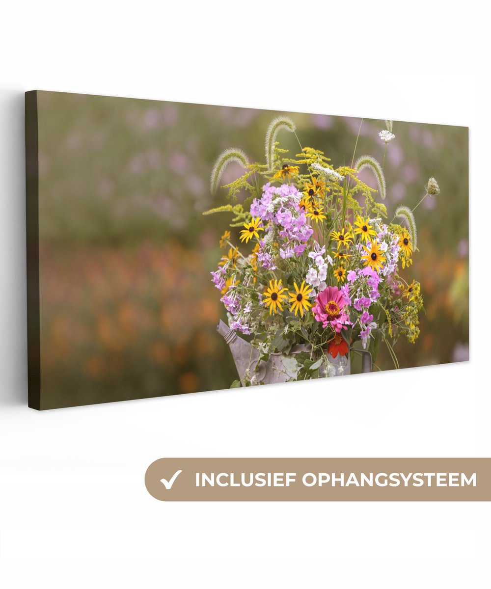 Canvas schilderij 80x40 cm - Wanddecoratie Bloemen - Gieter - Kleur - Muurdecoratie woonka