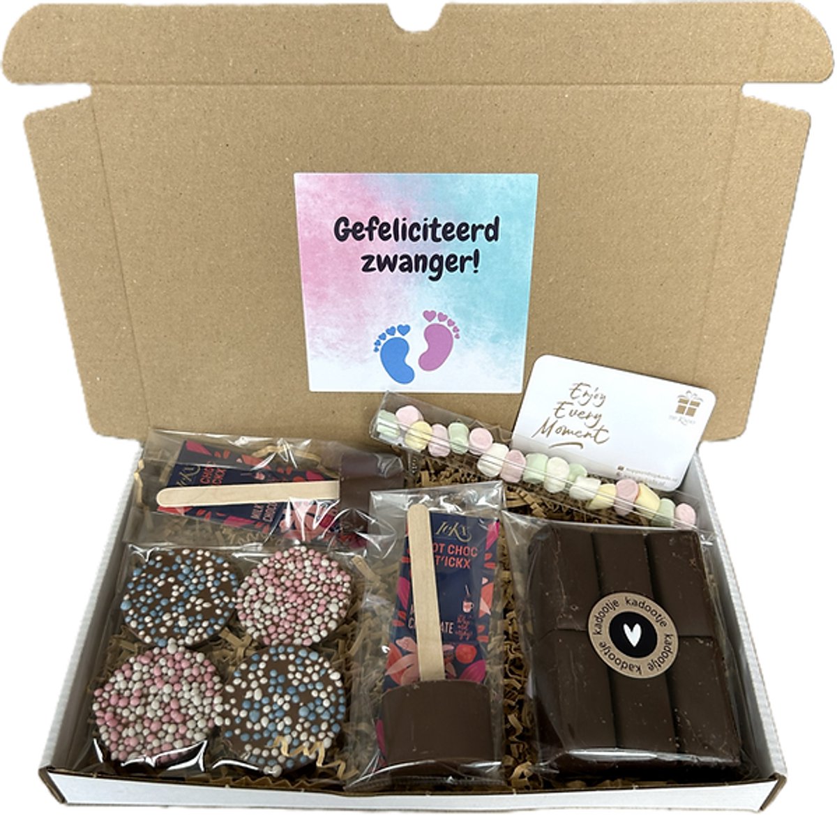 Zwanger choco brievenbus cadeau - chocoladestick - chocolade - marshmallows
