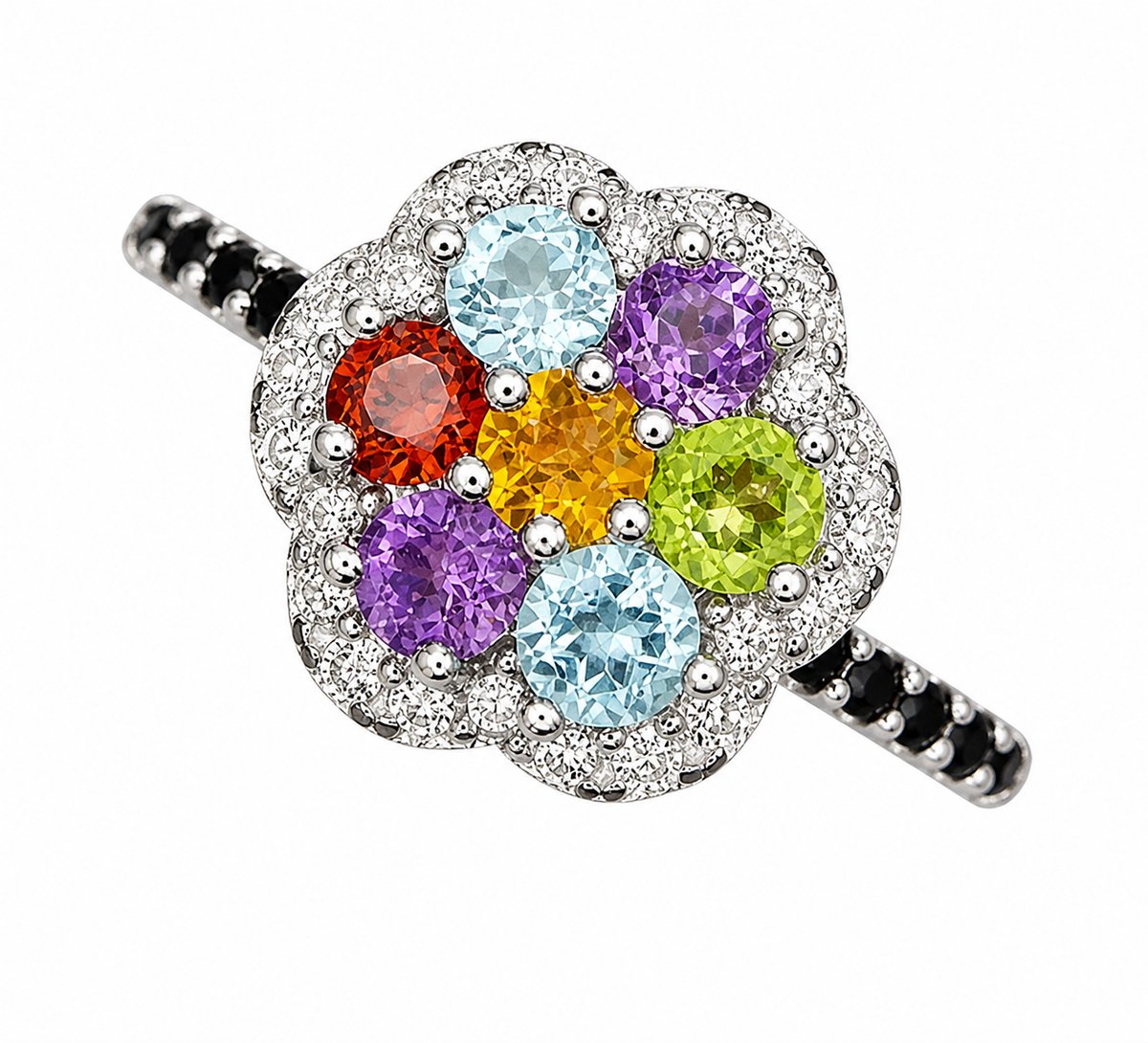925 Zilveren Multicolor Edelsteen Ring met CZ – Rhodium Plated Luxe Bloem Ring met Amethist, Peridot, Citrien & Topaas – Dames Ring