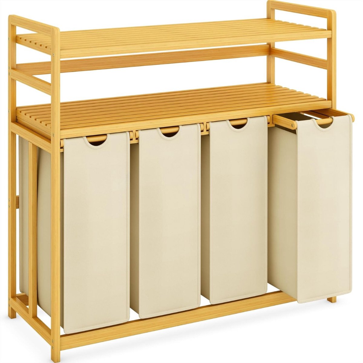 TIM® Wasmand 4 Vakken - Wassorteerder - Waszak - Bamboe Frame - Beige - 104cm x 42cm x 100cm