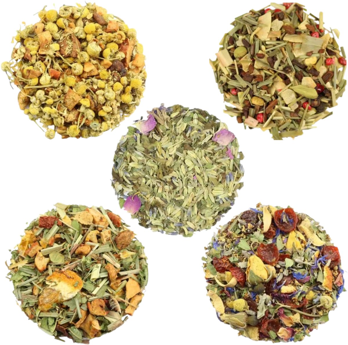 Proefpakket Kruiden thee – 5 x 15g Losse Thee – Appel Kamille, Gember, Vanille, Vlierbloesem & Venkel