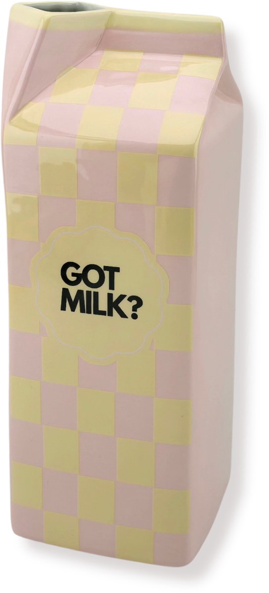 Housevitamin Bloemenvaas - Melkpak Vaas 'Got Milk' - Roze/Geel - Dolomiet - 10x10x25,5cm Geel/Roze