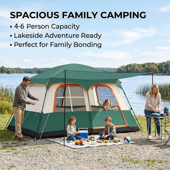 Tent - Campingtent - Familietent - Kamperen - Camping - 4-6 Personen - 320x210x180 cm - Uitklapbaar Zonnedak - Snelle Opzet - Groen/Beige — afbeelding 5