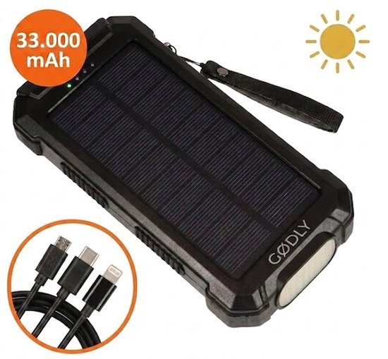 GØDLY® Solar Powerbank 33000 mAh Zwart Waterdicht - GØDLY® - €50,95