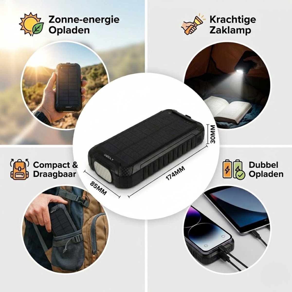 GØDLY® Solar Powerbank 33000 mAh Zwart Waterdicht - afbeelding 2