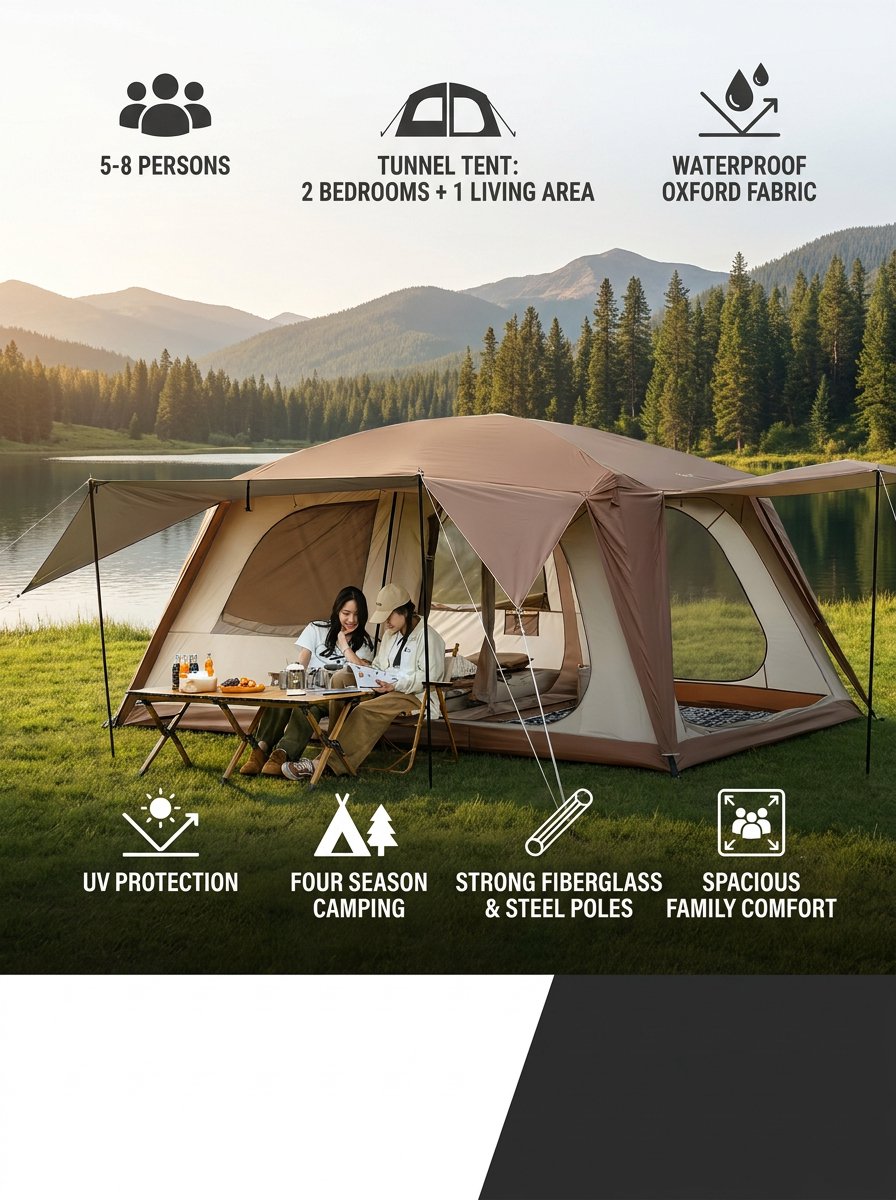 Grote Familietent 8 Personen – Luxe Tunnel Tent met 2 Slaapkamers & Woonruimte – Waterdichte Camping Tent voor Familie & Outdoor Kamperen – foto 4