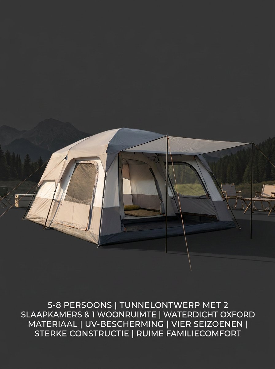 Grote Familietent 8 Personen – Luxe Tunnel Tent met 2 Slaapkamers & Woonruimte – Waterdichte Camping Tent voor Familie & Outdoor Kamperen – foto 2