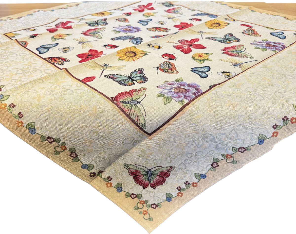 Tafelkleed - luxe gobelinstof - Butterfly - Vlinder - Zonnebloem - Vierkant 100 x 100 cm