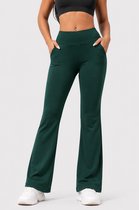 Pantalon évasé - Leggings - Pantalon de Yoga - Décontracté - Avec poches - Femme - Sportif - Élégant - Extensible - Taille haute - Sport - Fitness - Pantalon évasé à poches - Vert foncé - Taille M