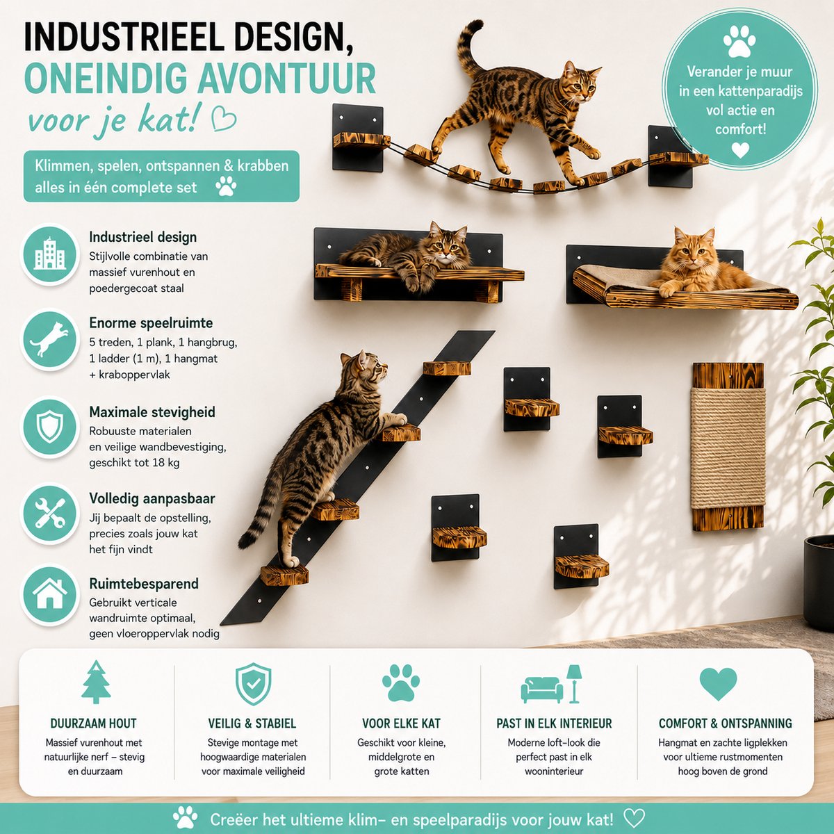 QLS Katten Klimwand Set LOFT XXL - Kattenmeubilair Wandmontage - Met Hängebrücke & Katzenbed - Industriële Stijl - 9 Niveaus - Hout & Sisal - Voor Actieve Katten