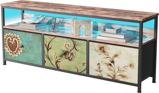 LED TV-standaard met 3 laden, Kleine TV-kast met opbergruimte, TV-bankje, Tv meubel, Stoffen ladekast voor de woonkamer Slaapkamer Hal Rustiek, 137x30x57cm, Gekleurd