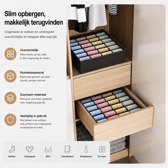 Houten ladekast met een zwarte organizer vol sokken in blauw, roze, geel en grijs.