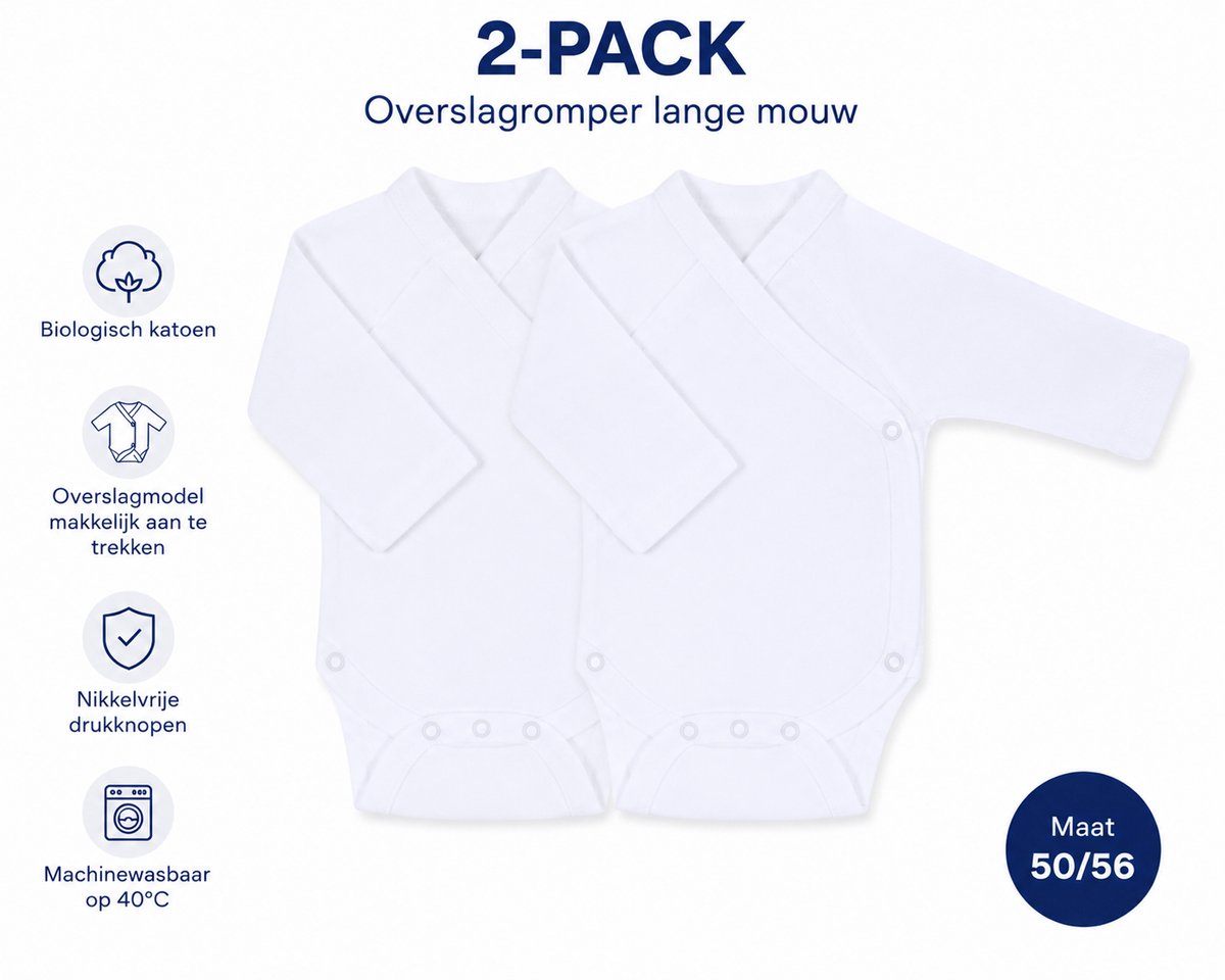 Witte Overslag Rompers Baby – 2 Pack – Biologisch Katoen – Lange Mouw – 0 Tot 3 Maanden