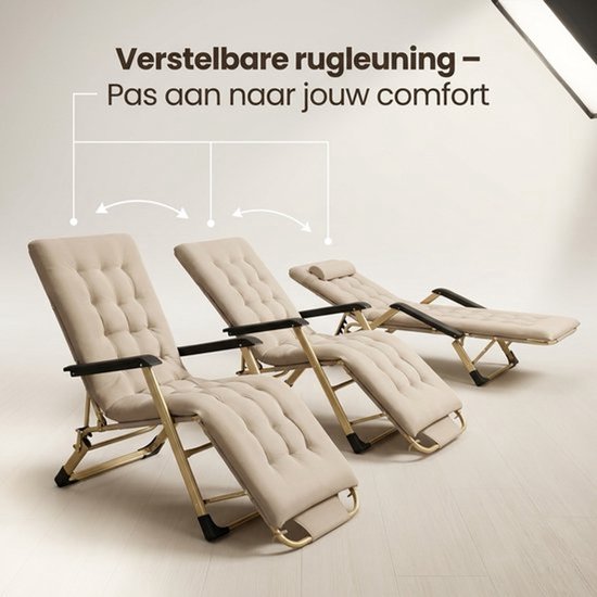 Ligstoel Tuin - Opvouwbare Verstelbare Tuinstoel - 3 Standen - Relaxstoel met Hoofdsteun - 120 kg Belasting - Beige van Golermo — afbeelding 3