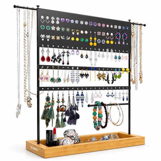 BOTC Sieradenhouder - Voor kettingen / armbanden / Oorbellen - Sieraden Organizer - Oorbellenrekje - Ketting houder - Zwart/Lichtbruin