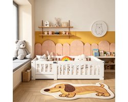 Montessori vloerbed, 120x200 cm, unisex, met veiligheidshekjes, massief grenenhout, eenpersoons kinderbedframe, Wit