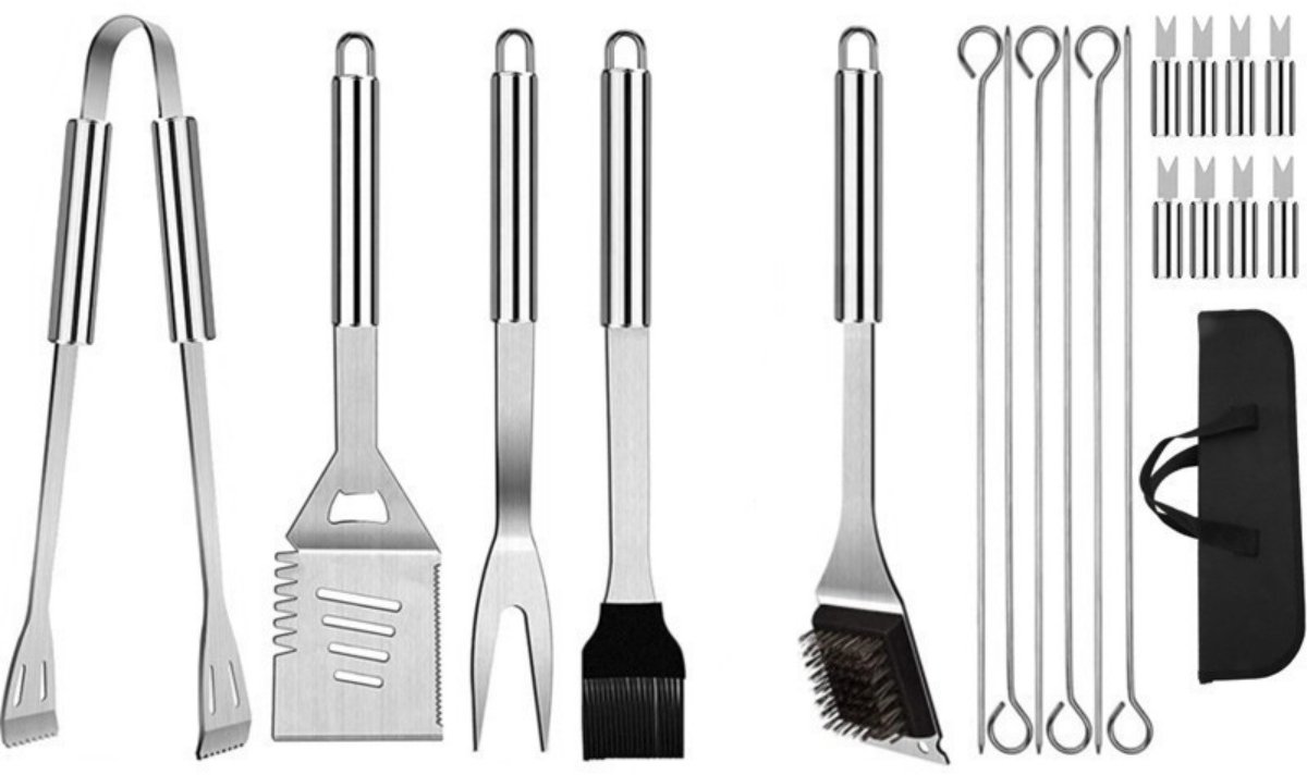 TOVBMUP RVS BBQ Bestekset - Professionele BBQ Bestekset - BBQ Gereedschap in Draagbare Koffer - BBQ Set - Kampeer Tuingereedschap voor Mannen en Vrouwen - Set van 20 Stuks