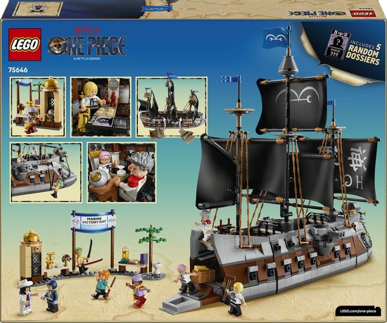 Achterkant LEGO Garp's Marine Battleship, toont verschillende scènes en minifiguren.