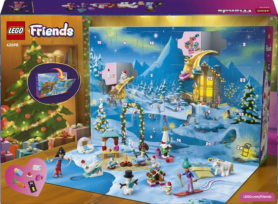 LEGO Friends kerstkalender met winterlandschap, huisjes en 24 deurtjes. Met sneeuwpoppen, pinguïns, dieren en minipoppetjes.