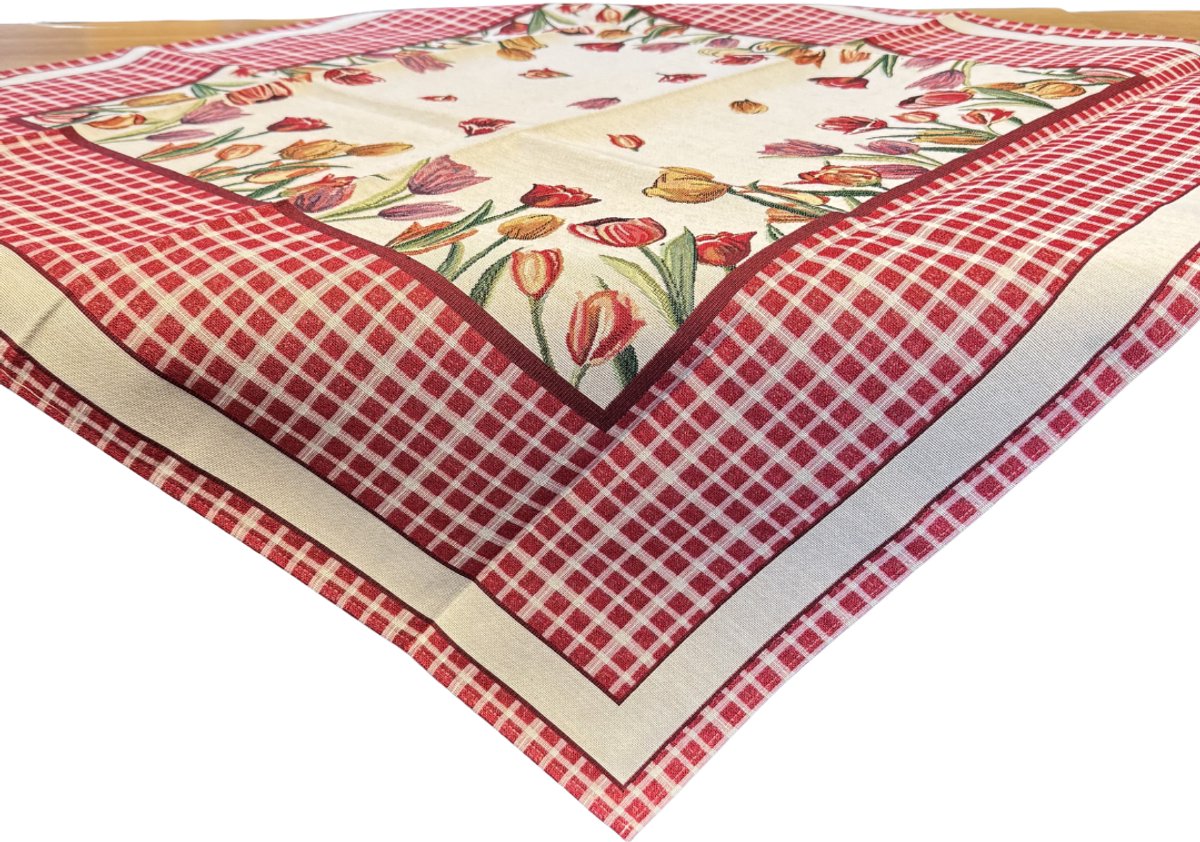 Tafelkleed - luxe Gobelinstof - Tulpen - Tulp - Bloemen - met ruiten rand - Vierkant 100 x 100 cm