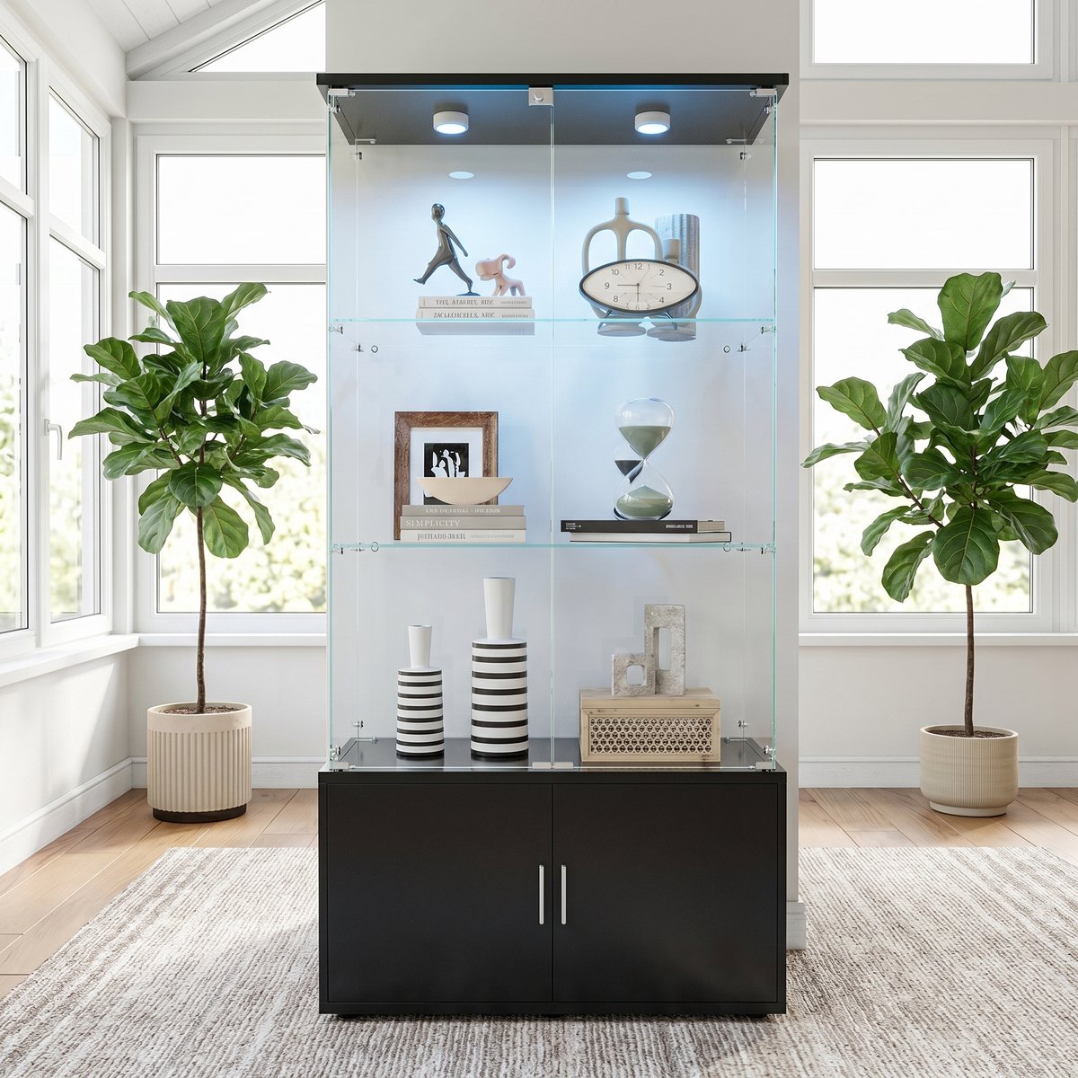 Glazen Vitrine, LED-Displaykast, 3 Lagen, 4 Deuren, Showroomvitrine, Tentoonstellingsvitrine, Geschikt Voor alle Situaties die Sfeeropslag Vereisen (Aanraakgevoelig Lichtsignaal (Zwart))