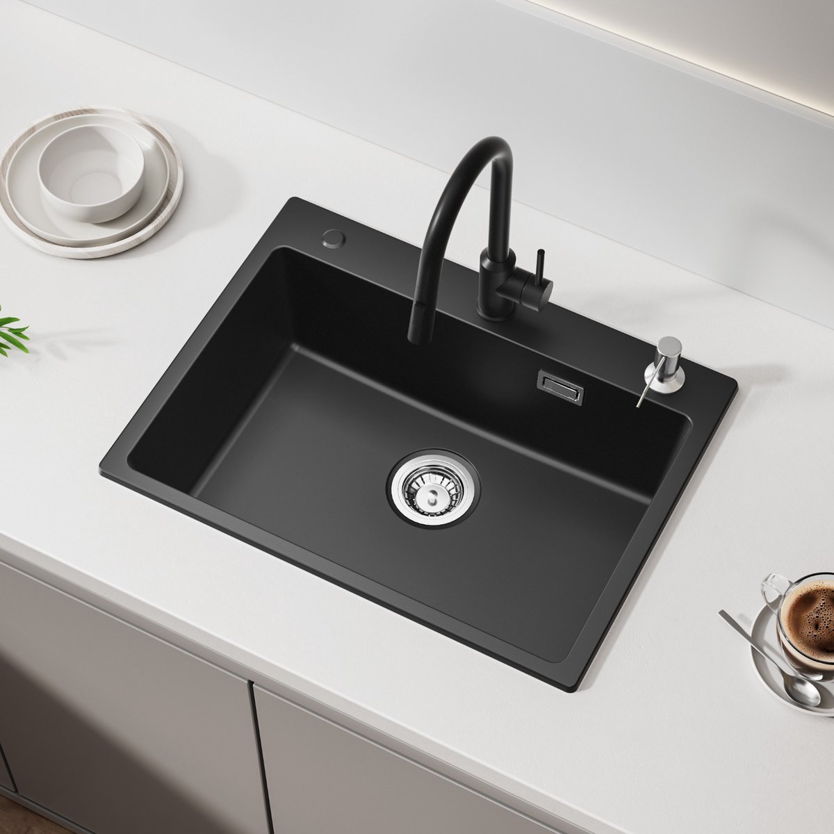 Cecipa max Spoelbak Keuken - Composiet Gootsteen Zwart - Inclusief Afdruiprek & Zeepdispenser - Opbouw Wasbak - 60 x 45 x 20 cm
