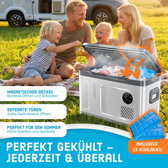 KESSER® Compressor Koelbox 2in1 Dubbele Zone Koeler & Vriezer, Elektrische Vriesbox LED Touch Control 12/24 V 230V, Frigobox Koelen tot -20 °C voor Auto, Vrachtwagen, Kamperen - 31 Liter, Zilver / Antraciet van KESSER — afbeelding 3