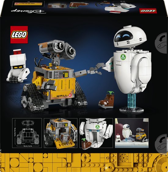 Arrière du set LEGO WALL-E et EVE avec trois robots, une plante, une chaussure et des images de démonstration.