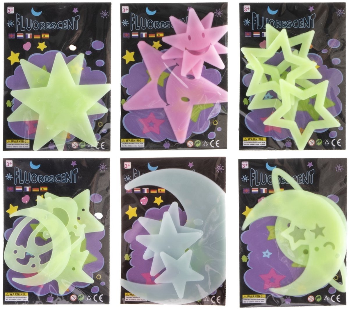 Glow in dark sterren 8,5 x 6,5 cm , verschillende assorti's - 1 set (willekeurig)