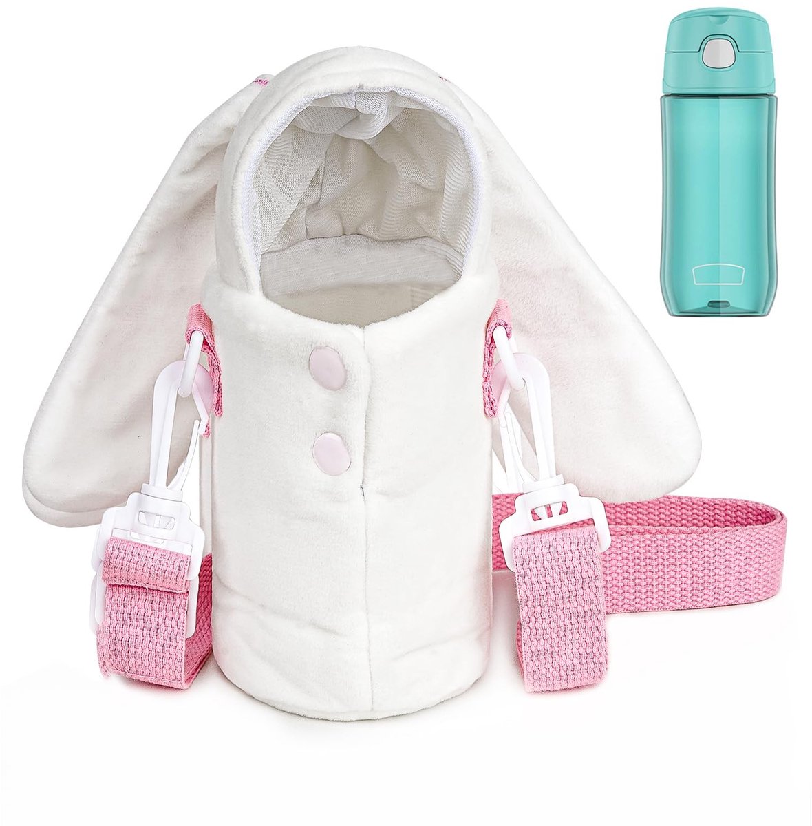 Dailygoods - Dailygoody - Pluche Waterfleshoes - Waterfles Draagtas - Konijn - Thermos FUNTAINER Compatibel - Comfortabel en Verstelbaar - Ideaal voor Kinderen