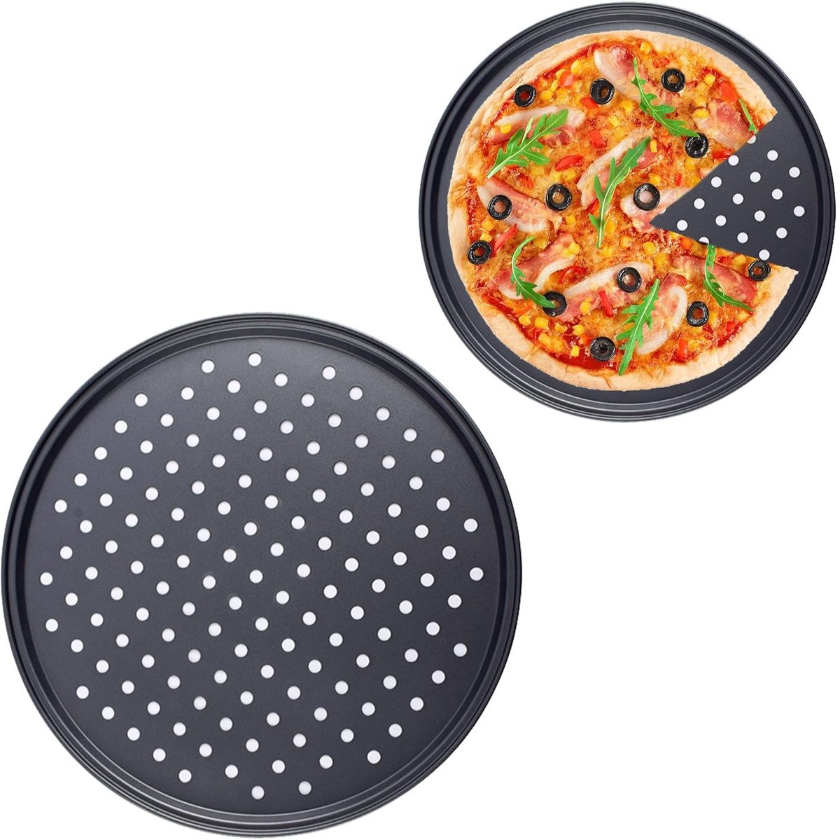 Dailygoods - Dailygoody - Geperforeerde pizzaplaat - Antiaanbaklaag - 24.5cm - Koolstofstaal - Voor grillen en bakken - Zwart