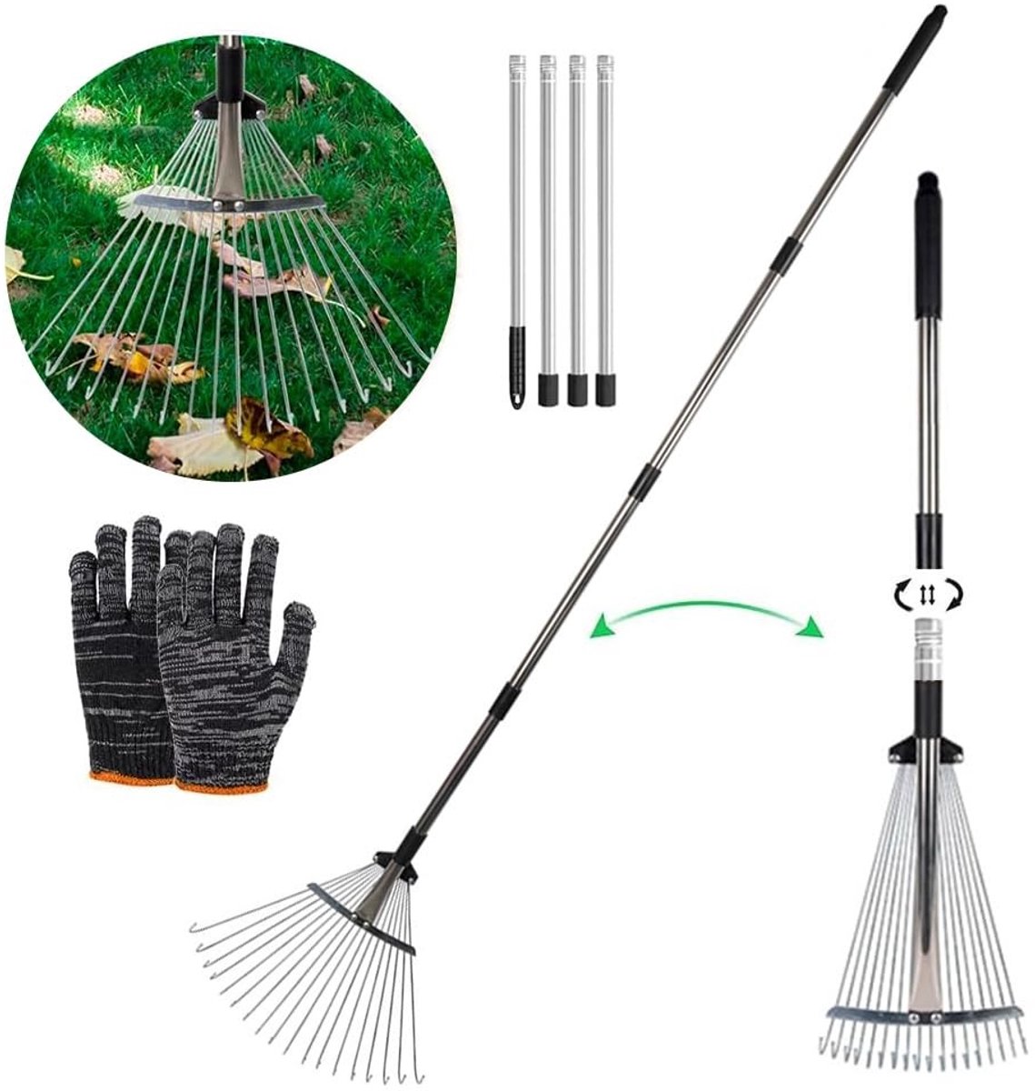 Dailygoods - Dailygoody - Bladhark - Verstelbaar - Compact op te bergen - Metalen tuinhark - Geschikt voor gazon en erf - Inclusief handschoenen