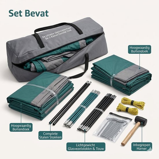 LUMÉ STORE Glampingtent - Kampeertent - Campingtent - Familietent - 2-4 Personen - Waterproof - Muggengaas - UV Bescherming - Groen — afbeelding 5