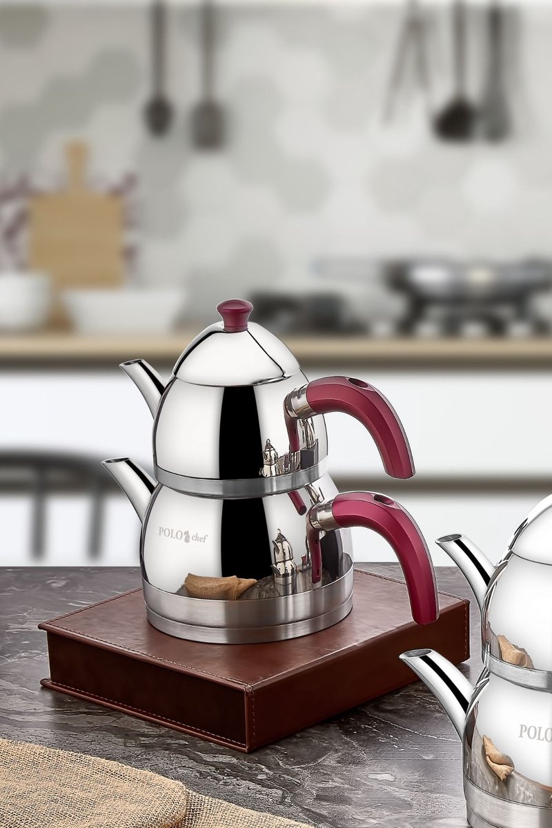 Polochef ZBC-103 - Grote RVS Theepot met Rode Handgrepen – 18/10 Roestvrij Staal – 2 Delig