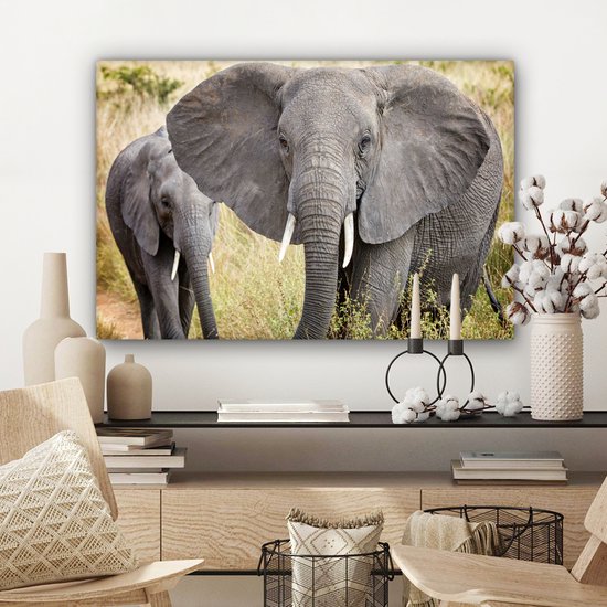 Canvas schilderij 180x120 cm - Wanddecoratie Olifant - Dieren - Gras - Natuur - Muurdecoratie woonkamer - Slaapkamer decoratie - Kamer accessoires - Schilderijen op canvas