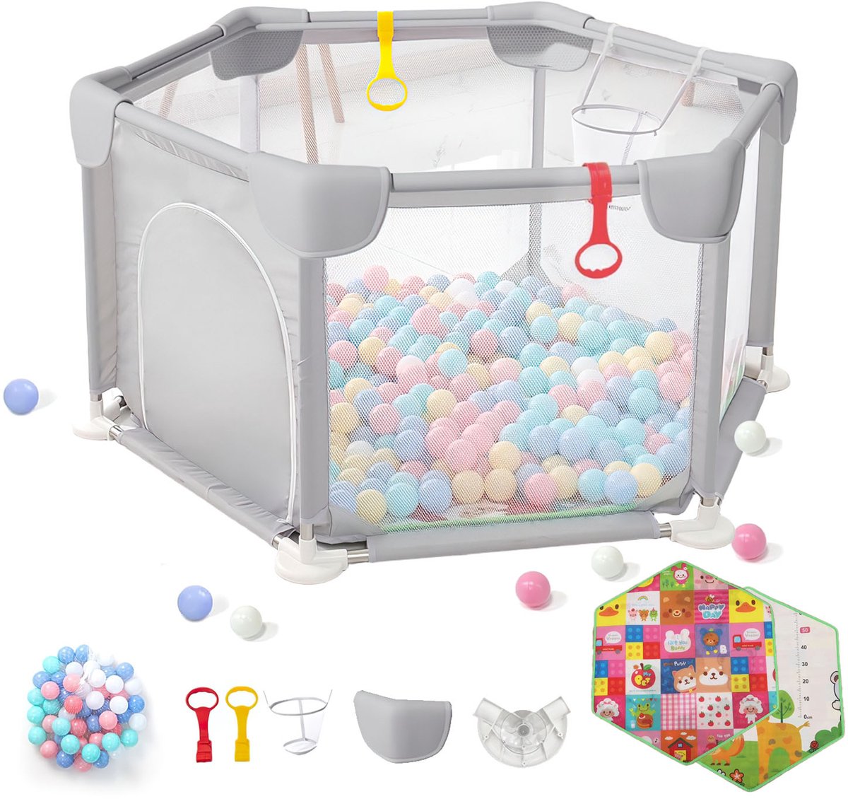 Verbeterde Baby Speelbox met Beschermende Rand - Kinder Speelpen Binnen met Kruipmat, Ballenbak & Basket - Grijs Stevig Stalen Frame 80KG Draagkracht