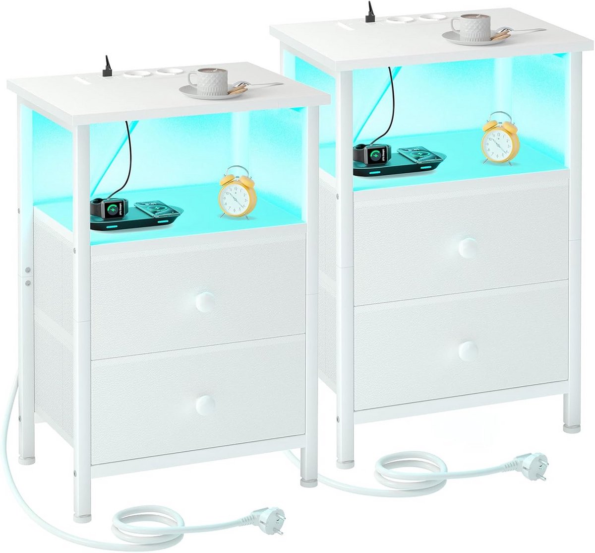 Set van 2 Nachtkastjes met Oplaadstation, LED Verlichting en Opbergladen