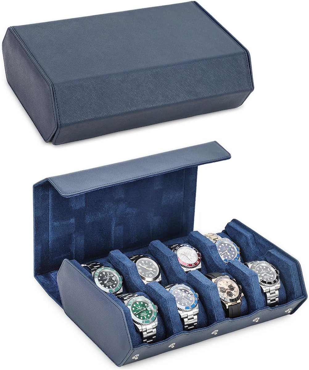 Horlogedoosje Echt lederen horlogedoosje (geschikt voor 8 horloges), echt lederen horlogedoosje met 8 vakjes, presentatie- en opbergdoosje voor herenhorloges (blauw)