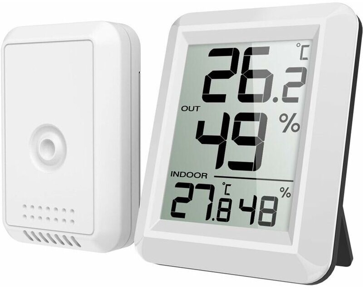 Temperatuur- en vochtigheidsmeter Geschikt voor binnen en buiten, inclusief sensor.