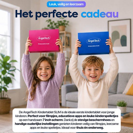 Kinderen met AngelTech Kindertablet SLIM dozen, meisje met roze, jongen met blauw.