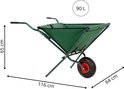 Afmetingen van de groene opvouwbare kruiwagen: 116 cm lang, 65 cm hoog, 64 cm breed, 90L.