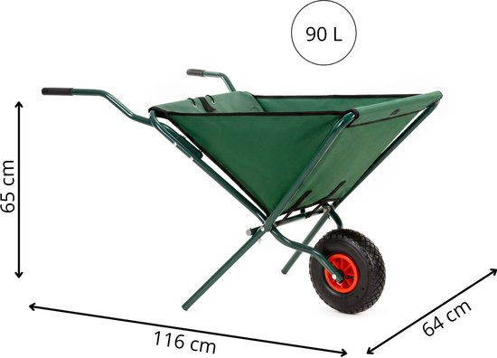 Afmetingen van de groene opvouwbare kruiwagen: 116 cm lang, 65 cm hoog, 64 cm breed, 90L.
