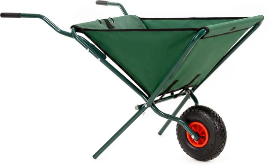Groene opvouwbare kruiwagen met zwart handvat en rode velg op het wiel.