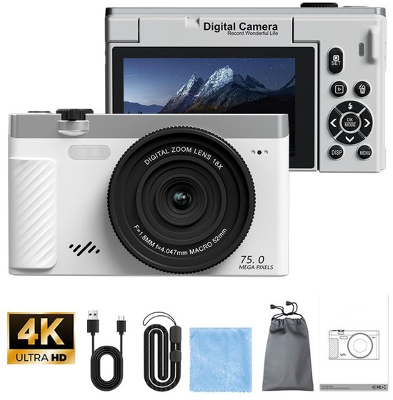Witte digitale camera met 75MP lens en kantelbaar scherm. Doos met accessoires en handleiding.