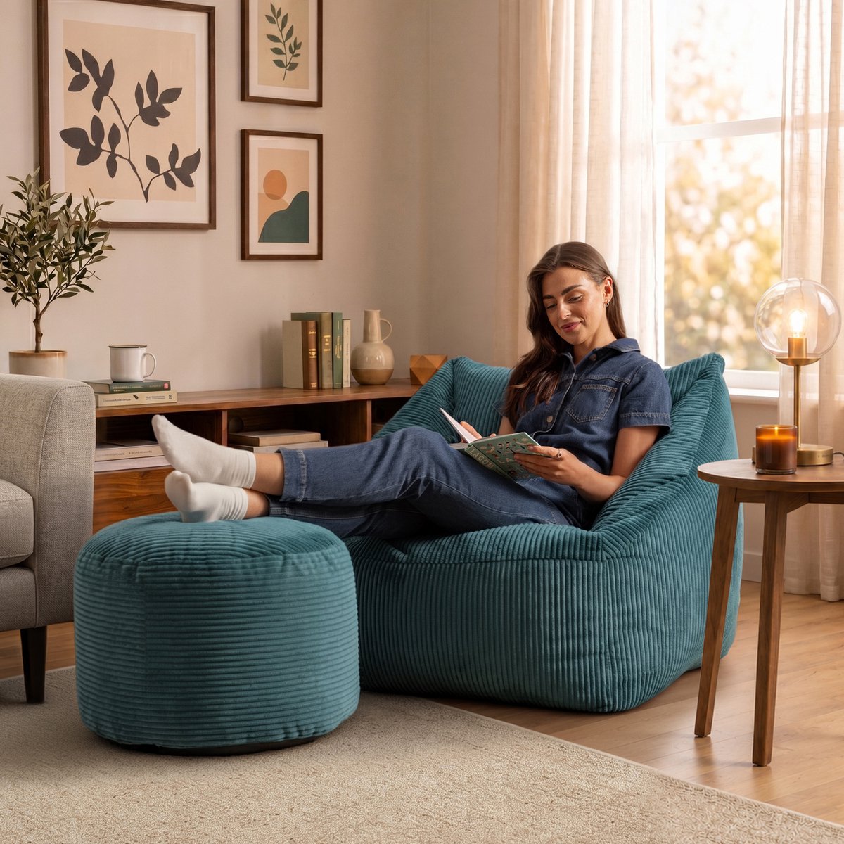 Icon Natalia XL Zitzak Fauteuil met Ronde Poef - Ribfluweel - Blauwgroen