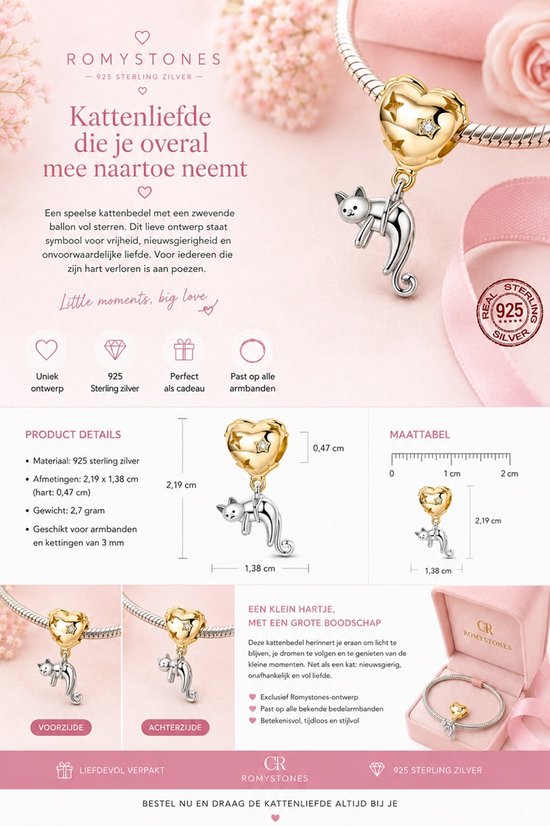 Productinformatie van Romy Stones kattenbedel: 925 zilver, 2,7 gram.